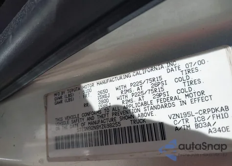 2000 Toyota Tacoma Prerunner V6 from USA, damaged, VIN 5TESN92N9YZ698255